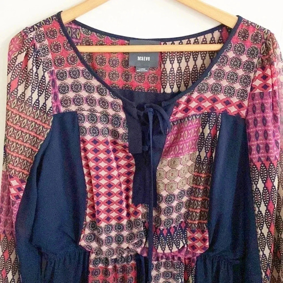 anthropologie mauve boho print navy blue patchwork long sleeve dress size large - Picture 4 of 9